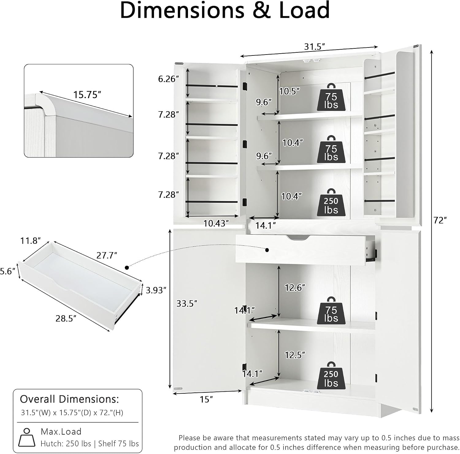 72" Tall Farmhouse Kitchen Pantry Cabinet,Freestanding Food Storage Pantry with 8 Door Shelves & 3 Adjustable Shelves,Hidden Drawer Storage Cupboard for Kitchen Dining Room,White