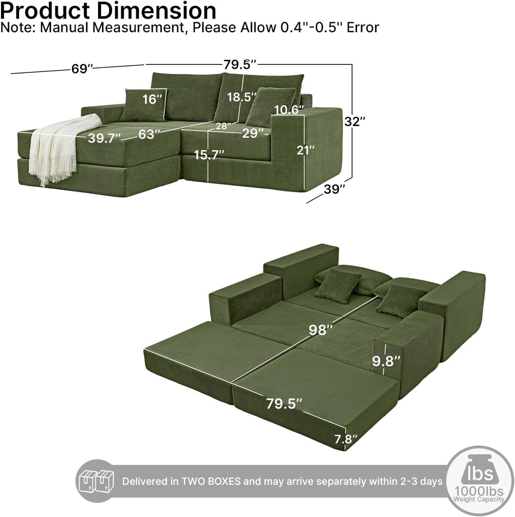 80" Sectional Couches for Living Room,Customizable Boneless Couch, Convertible Modular Sectional Sofa Bed, Plush Corduory Sleeper Sofa, Folding Futon L Shaped Couch No Assembly(Green)