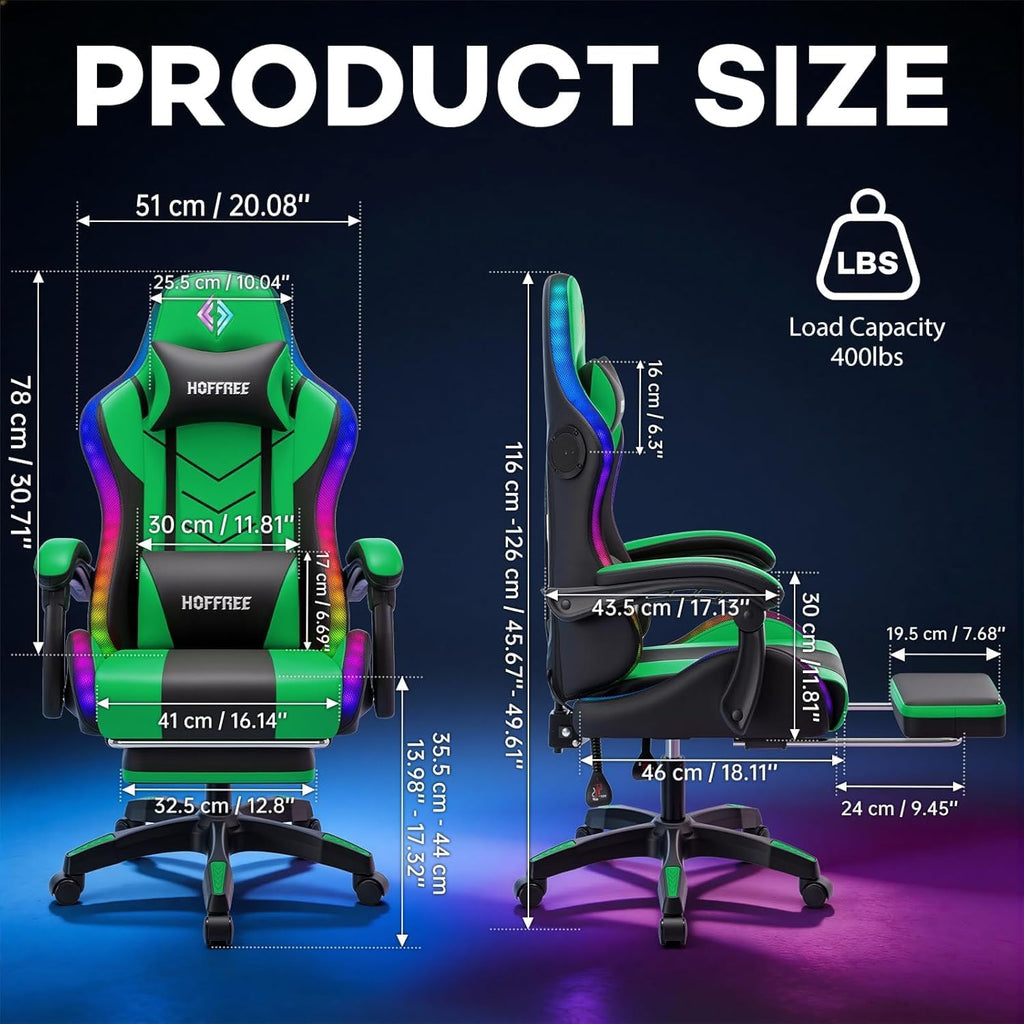 HOFFREE RGB Gaming Chair with Speakers Music Rhythm LED Lights Massage Computer Chair Video Game Chairs for Adults High Back Gamer Chair with Footrest & Lumbar Support Green