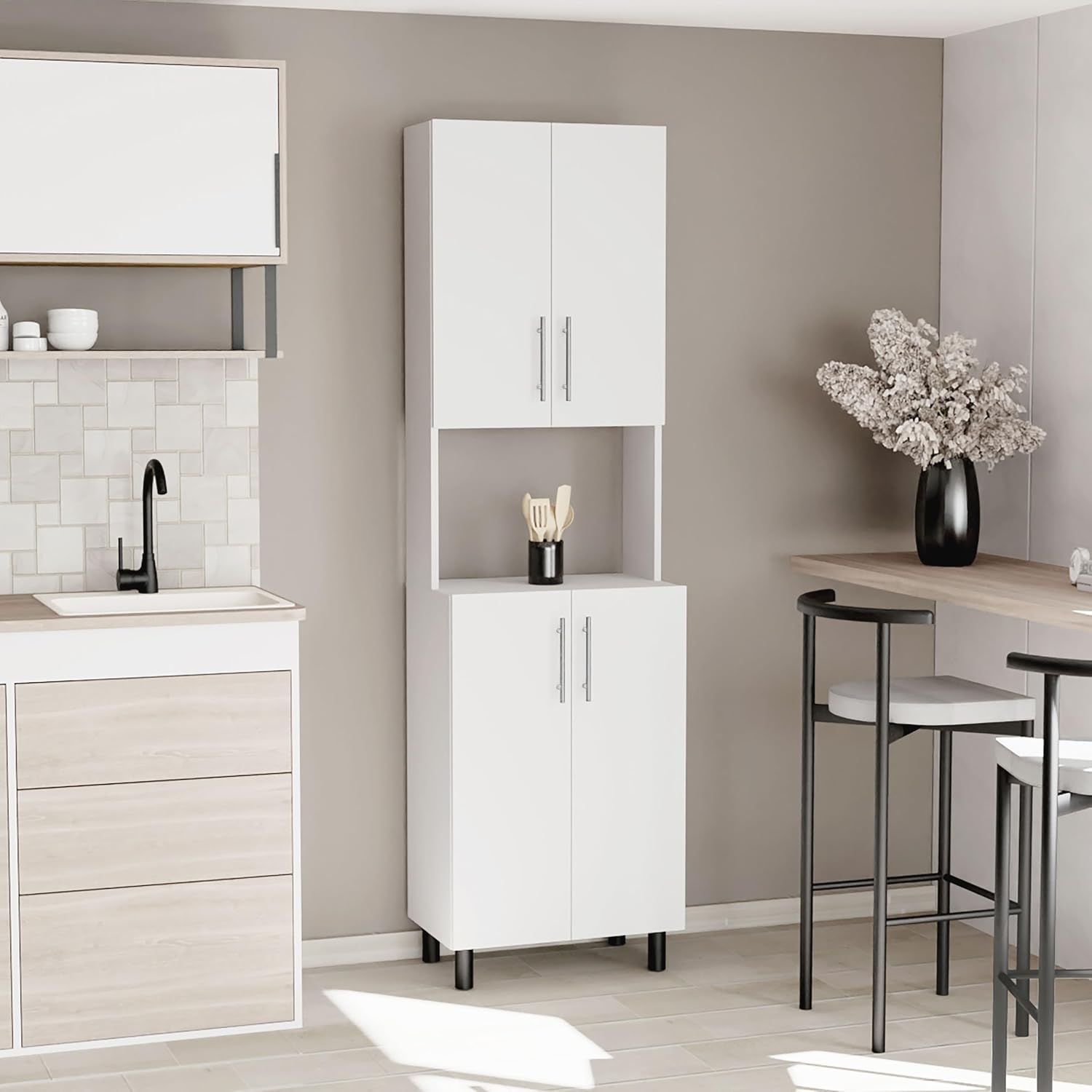 22.2" D*13.2" W*76.8" H Kitchen Pantry with 2 Shelves, 2 Double Doors with Sliver Door Handles, Wood Rectangular Storage Cabinet, Modern Minimalist, for Living Room, Dining Room, White