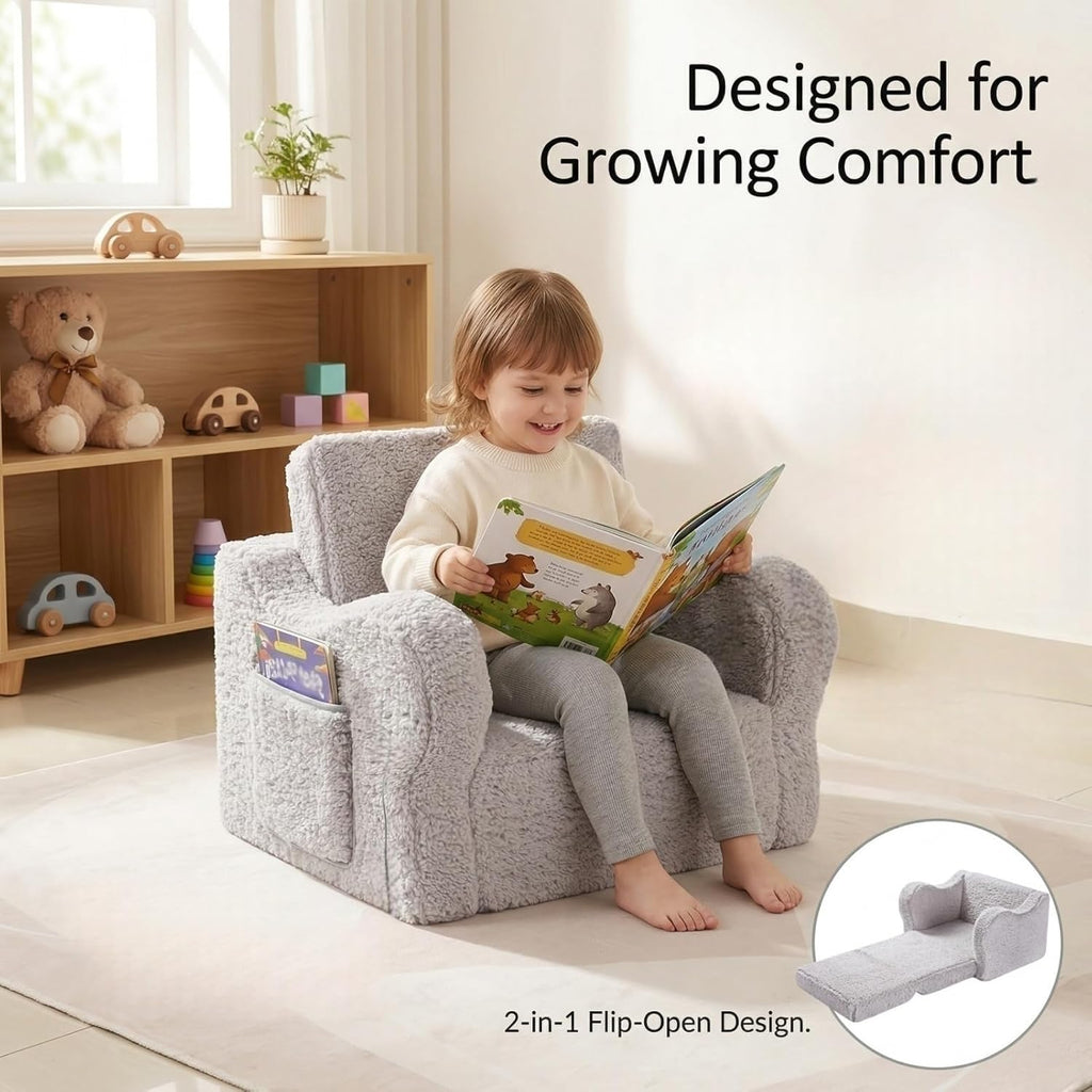 MOMCAYWEX Kids Sofa, 2-in-1 Flip-Out Foam Couch with Soft Sherpa Cover, Cozy Play Lounge Chair, Grey