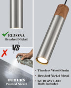 ELYONA Modern Pendant Light for Kitchen Island, Brown Wood Grain & Brushed Nickel Metal Bauhaus Long Tube Hanging Light Fixture for Dining Room, Bedroom, Adjustable Height, GU10 LED Bulb Included