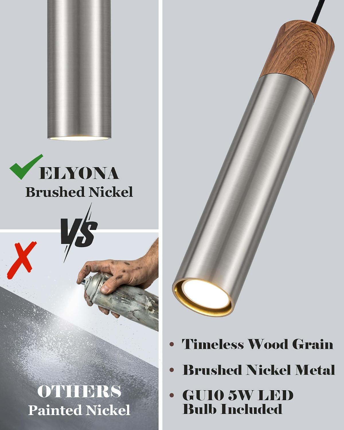 ELYONA Modern Pendant Light for Kitchen Island, Brown Wood Grain & Brushed Nickel Metal Bauhaus Long Tube Hanging Light Fixture for Dining Room, Bedroom, Adjustable Height, GU10 LED Bulb Included