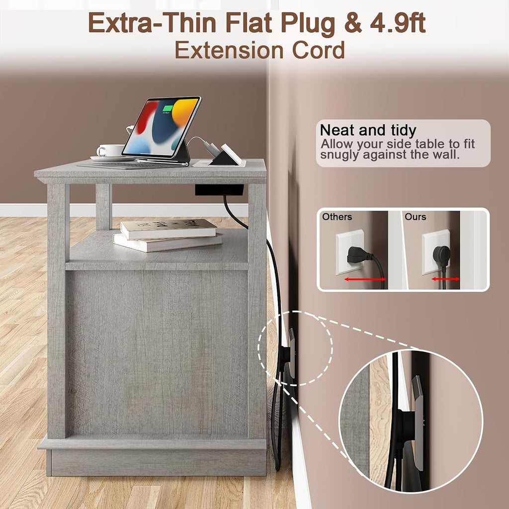 HIFYOBRO End Table with 2 Drawers and Charging Station, Type-C & USB Port & Power outlets, Wooden Storage Cabinet, Large Side Table with Storage for Living Room and Bedroom