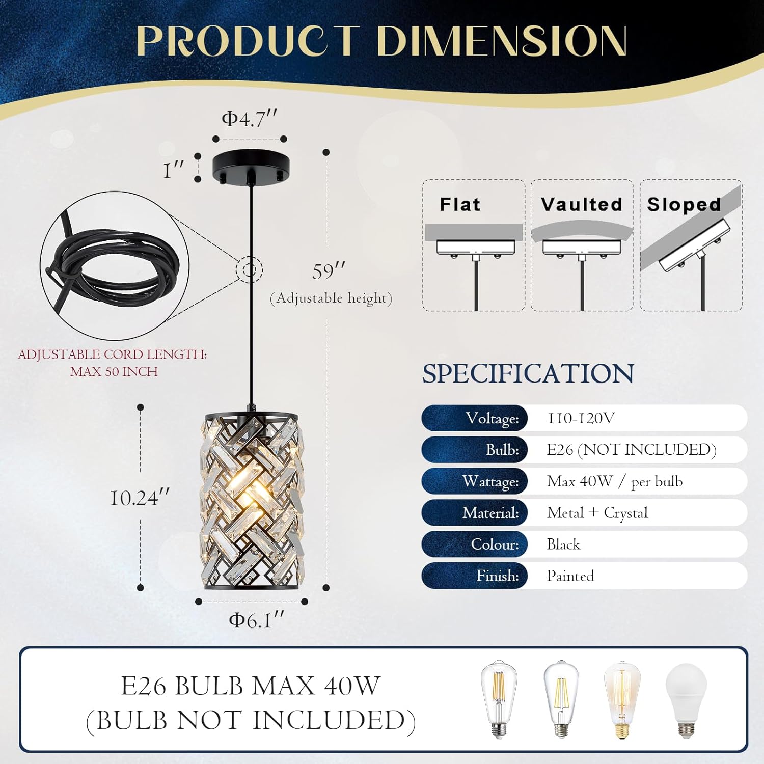 Black Crystal Pendant Light Fixture Modern Mini Chandelier Hanging Light for Kitchen Island, Dining Room, Bedroom, Hallway, Living Room, Porch
