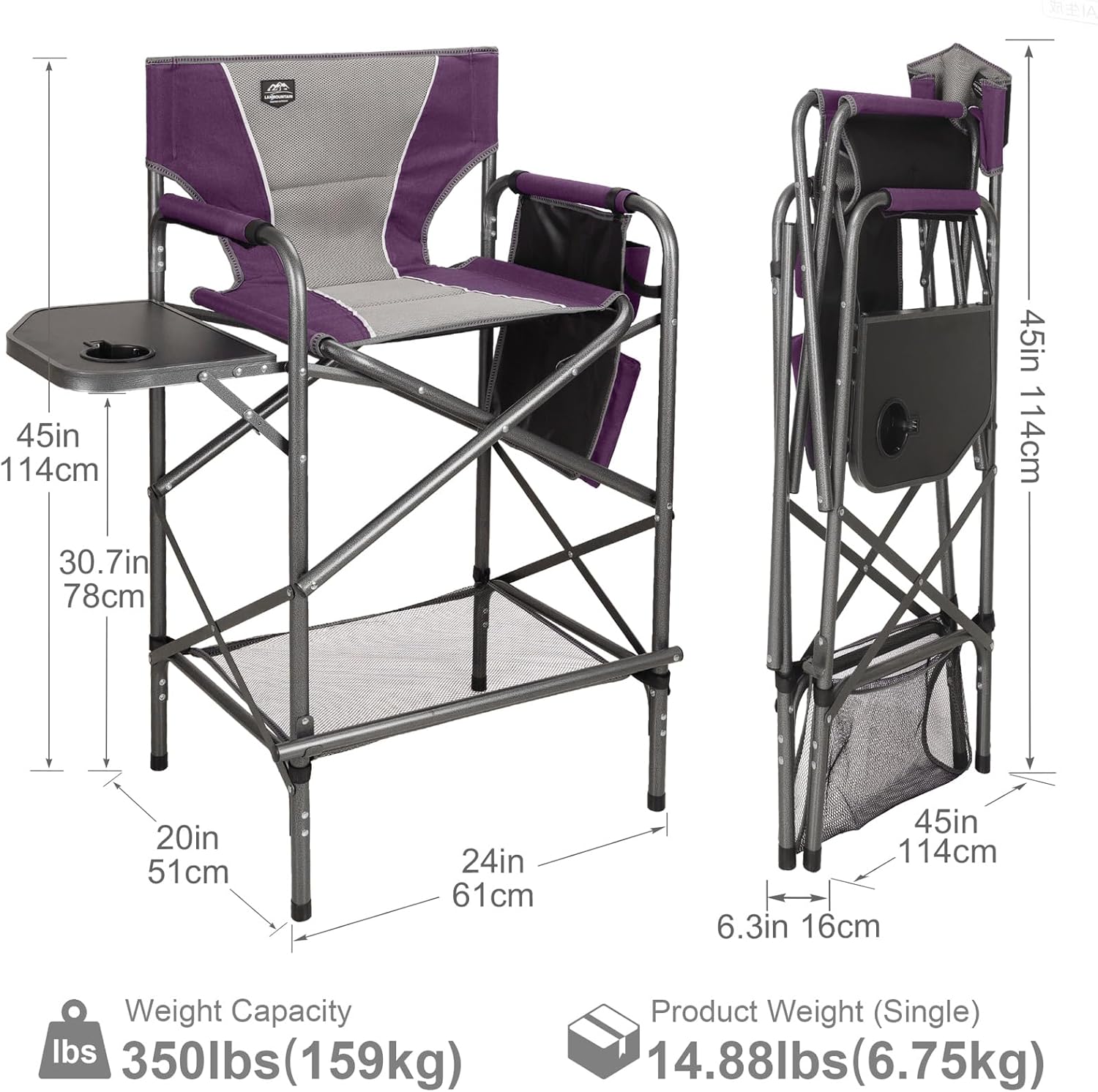 LANMONTAIN Folding Tall Director Chairs,30.7'' Seat High Makeup Solan Chairs,Portable Camping Chair w/Side Table Functional Pocket and Footrest,Comfy Bar Stool Heavy Duty Supports 350 Lbs,Purple