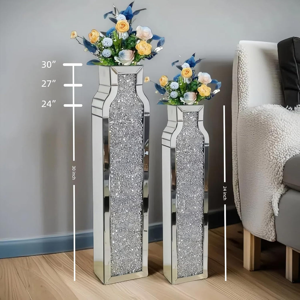 30" Tall Floor Vase, Double Sided Crushed Diamond Mirrored Vases,Large Flower Vase for Home Decor, Mirror Glass Decorative for Living Room,Office,Centerpiece (Crushed Diamond:4.7''L X 6.8''W X 30''H)
