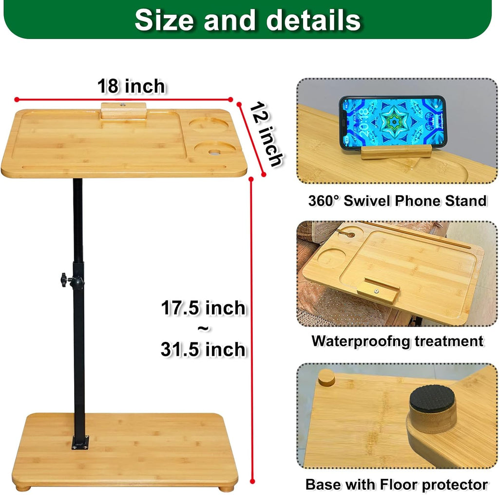 TV Tray Table 360° Swivel Sofa Couch Armrest Tray Bamboo Side Table C Shaped End Table for Small Spaces Snack Dinner Bed Eating Couch Tables That Slide Under