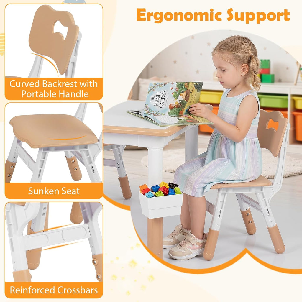 Costzon Kids Table and 4 Chairs, Height Adjustable Toddler Desk Set w/Easy-to-Wipe Graffiti Desktop & 2 Storage Basket for Home, Classroom, Daycare, Playroom, Art Study Table Set (Natural, 5 PCS)