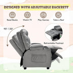 COSTWAY Larger Kids Recliner Chair, Adjustable Lounge Recliner w/ 2 Cup Holders, 1 Side Pocket, 2 Front Pockets, Footrest, Velvet Fabric Recliner for Boys & Girls, Ideal for Bedroom (Grey)