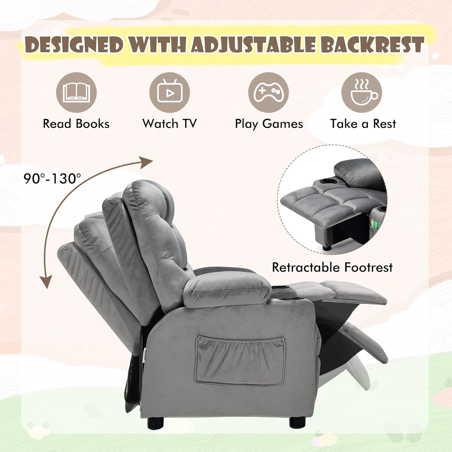COSTWAY Larger Kids Recliner Chair, Adjustable Lounge Recliner w/ 2 Cup Holders, 1 Side Pocket, 2 Front Pockets, Footrest, Velvet Fabric Recliner for Boys & Girls, Ideal for Bedroom (Grey)
