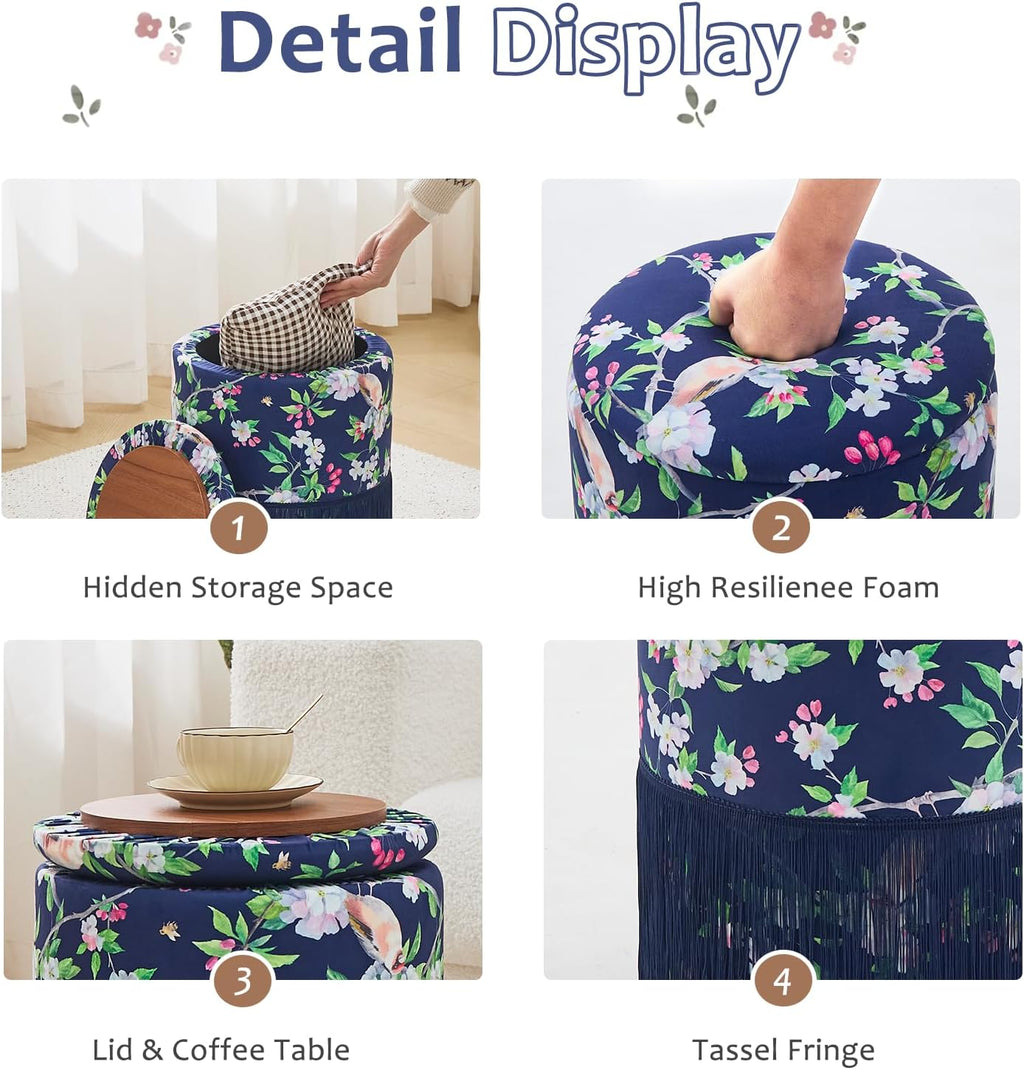 Round Fringe Ottoman with Storage, Farmhouse Tassel Velvet Footrest Stool, Flip Top Vanity Ottoman Chair for Living Room Bedroom