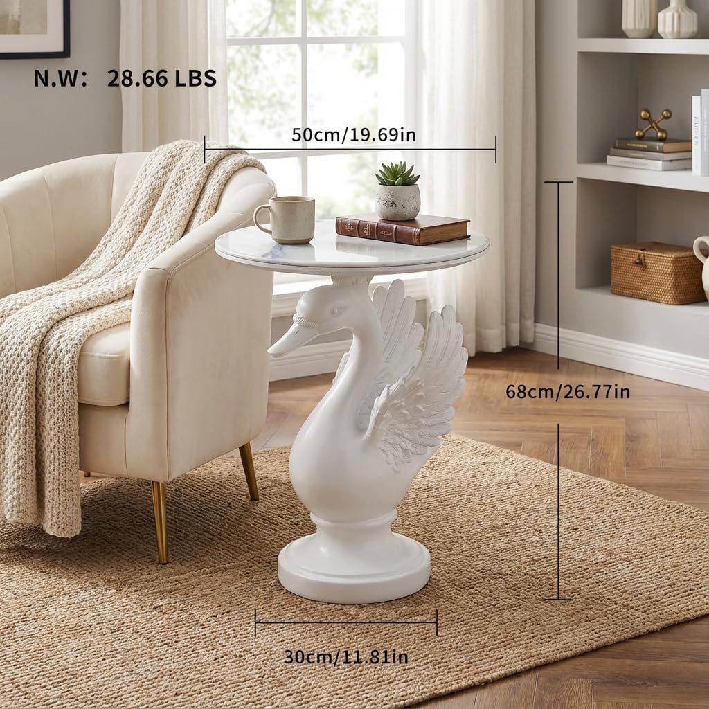 Sculptural Swan Head Side Table, Artistic Animal End Table with Faux Marble Top, Modern Accent Table for Living Room, Unique Home Decor Gift for Housewarming, 19.69" W x 25.5" H
