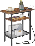 HOOBRO Side Table, Narrow End Table with Shelf and Charging Station, 3-Tier Bedside Tables with Wide Storage Tabletop for for Small Spaces, Living Room, Bedroom, Rustic Brown and Black BF366UBZ01