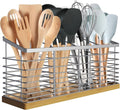Suli Extra Large Kitchen Utensil Holder with 4 Compartments，Metal holder with Wooden Base for Kitchen Countertop，Farmhouse Cooking Utensil Storage, Rustic Cooking Utensil,Silvery