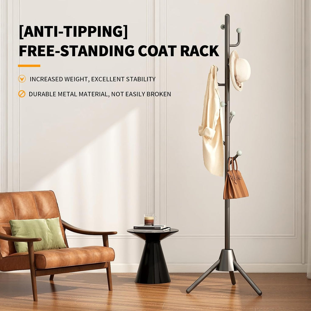 Heavy Duty Anti-Tip Coat Rack with 8LB Stable Weighted Base, [80LB Load Tested] Metal Standing Tree with 8 Hooks, 3-Height Adjustable Space Saving Clothes Organizer for Entryway, Bedroom, Office