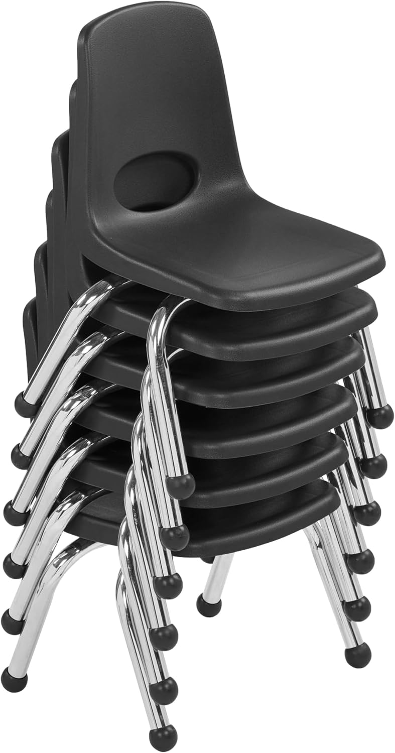 FDP 10" School Stack Chair, Stacking Student Seat with Chromed Steel Legs and Ball Glides For In-Home Learning or Classroom - Black (6-Pack), 10355-BK