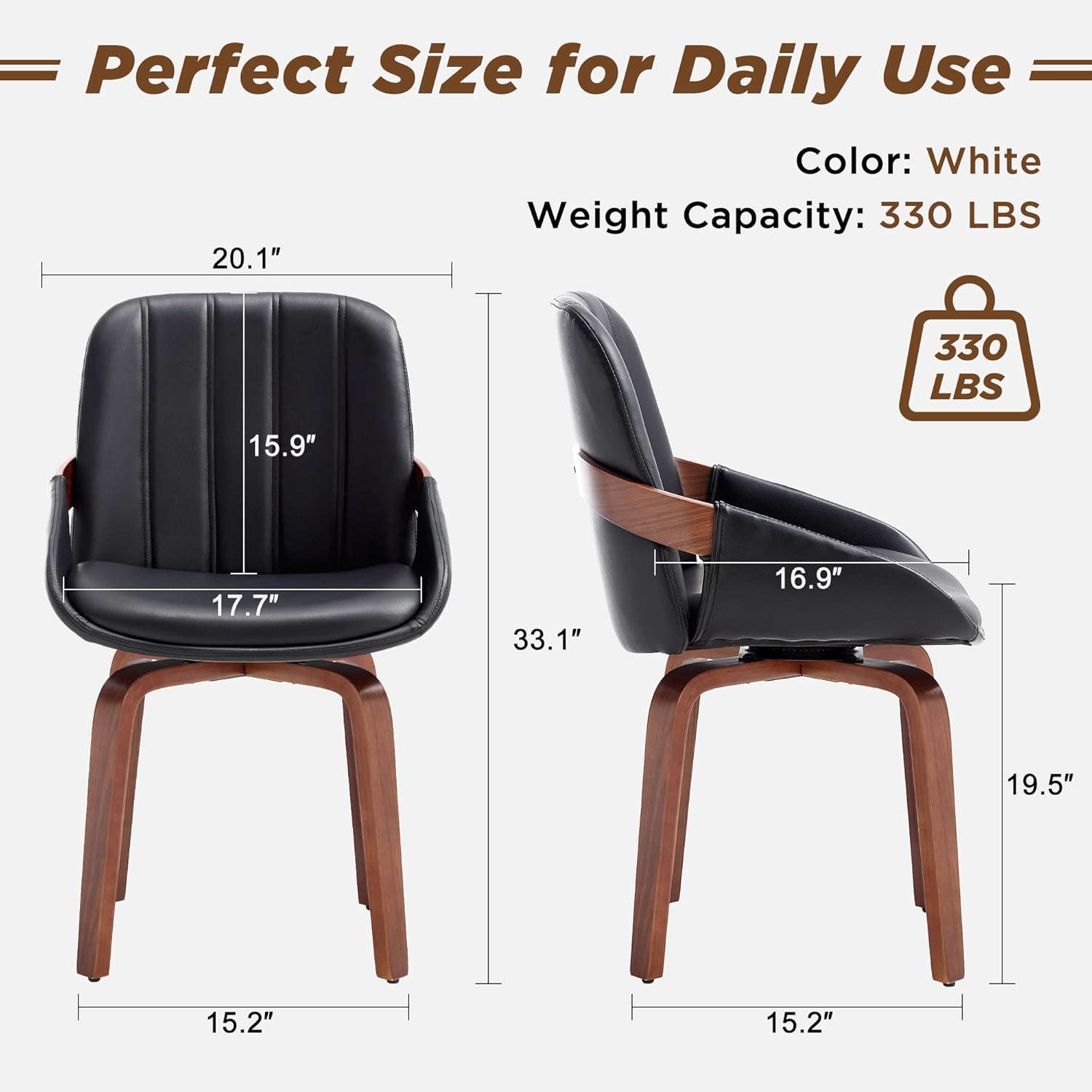 Swivel Black Dining Chairs Set of 4, Mid Century Modern Faux Leather Dining Room Chairs with Arms, Upholstered Kitchen Vanity Accent Chair, Walnut Backrest Support & Sturdy Wood Legs