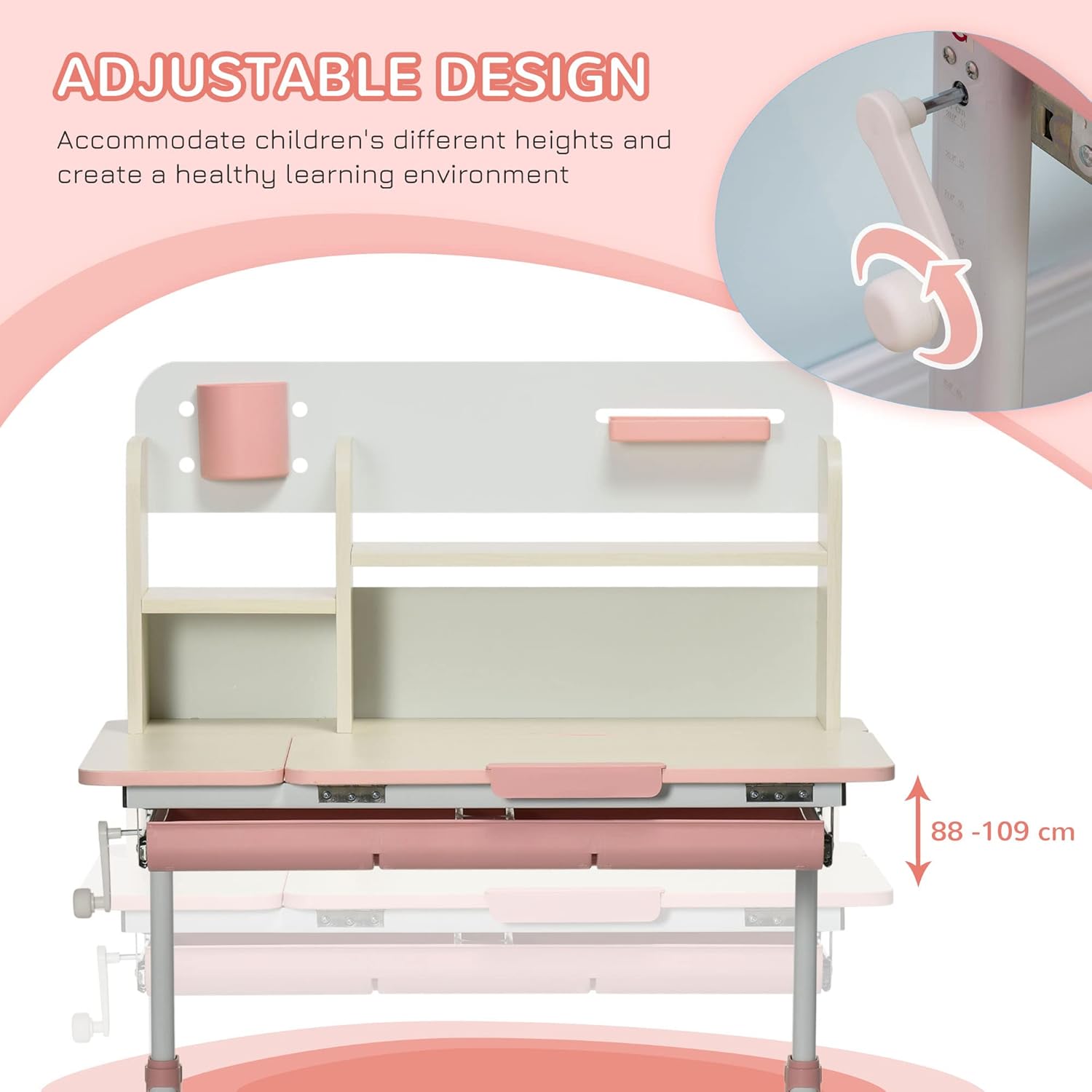 Qaba Wooden Kids Study Desk, Height Adjustable Children School Study Table, Student Writing Desk with Tilt Desktop, Drawer, Storage Shelf, Pen Holder, Pink