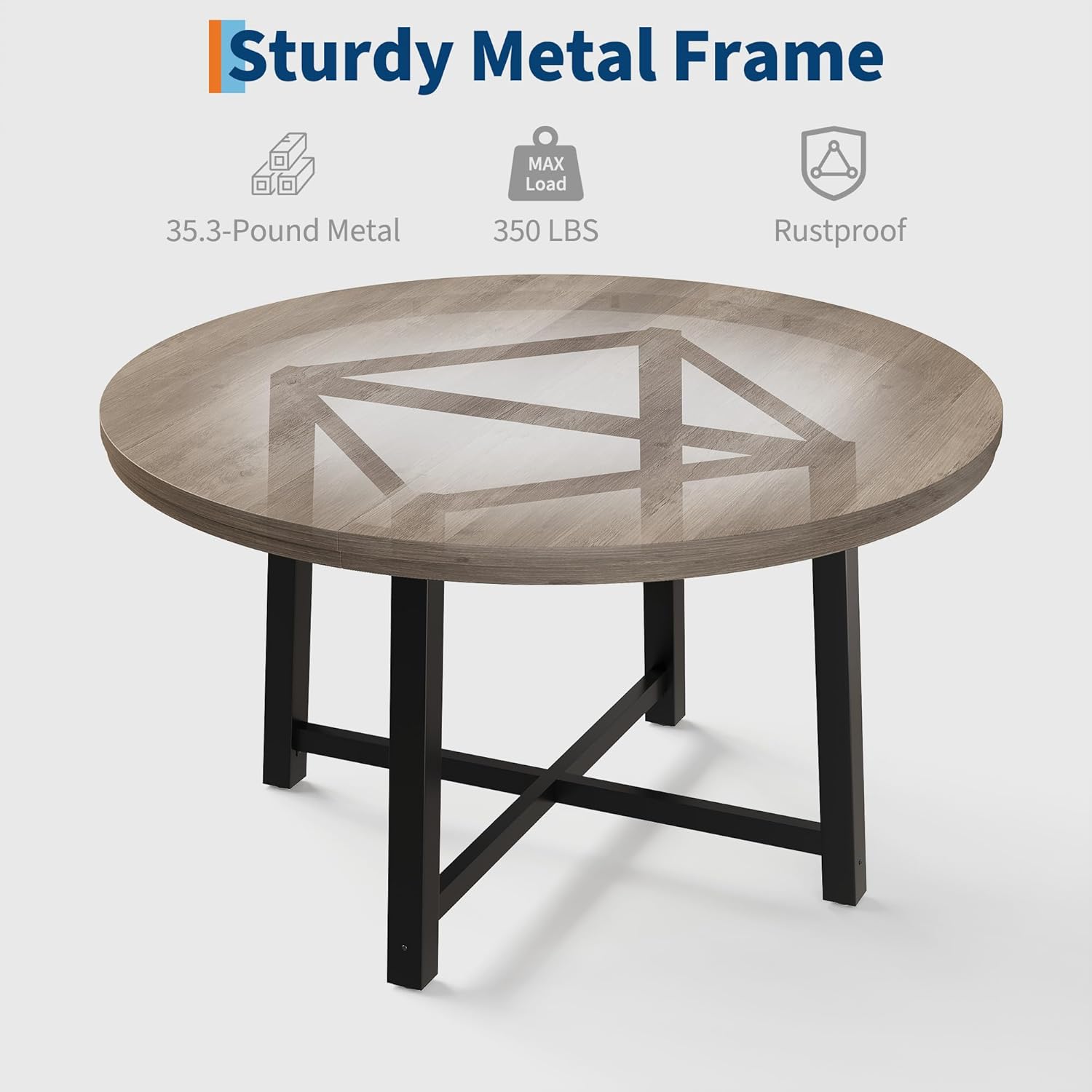 GarveeHome 47 in Round Dining Table, Industrial Dinner Table for 4 to 6, Wooden Kitchen Table with Sturdy Metal Frame & Rustic Gray Finish, Circle Kitchen Table for Dining Room, Kitchen （No Chairs）