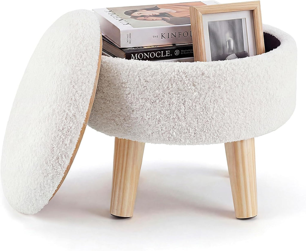 DUMOS Round Storage Ottoman with Reversible Tray Lid, Multi-Functional Footrest, Teddy Velvet Footstool with Wood Legs, Small Coffee Table for Living Room, Bedroom, Beige