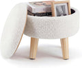 DUMOS Round Storage Ottoman with Reversible Tray Lid, Multi-Functional Footrest, Teddy Velvet Footstool with Wood Legs, Small Coffee Table for Living Room, Bedroom, Beige