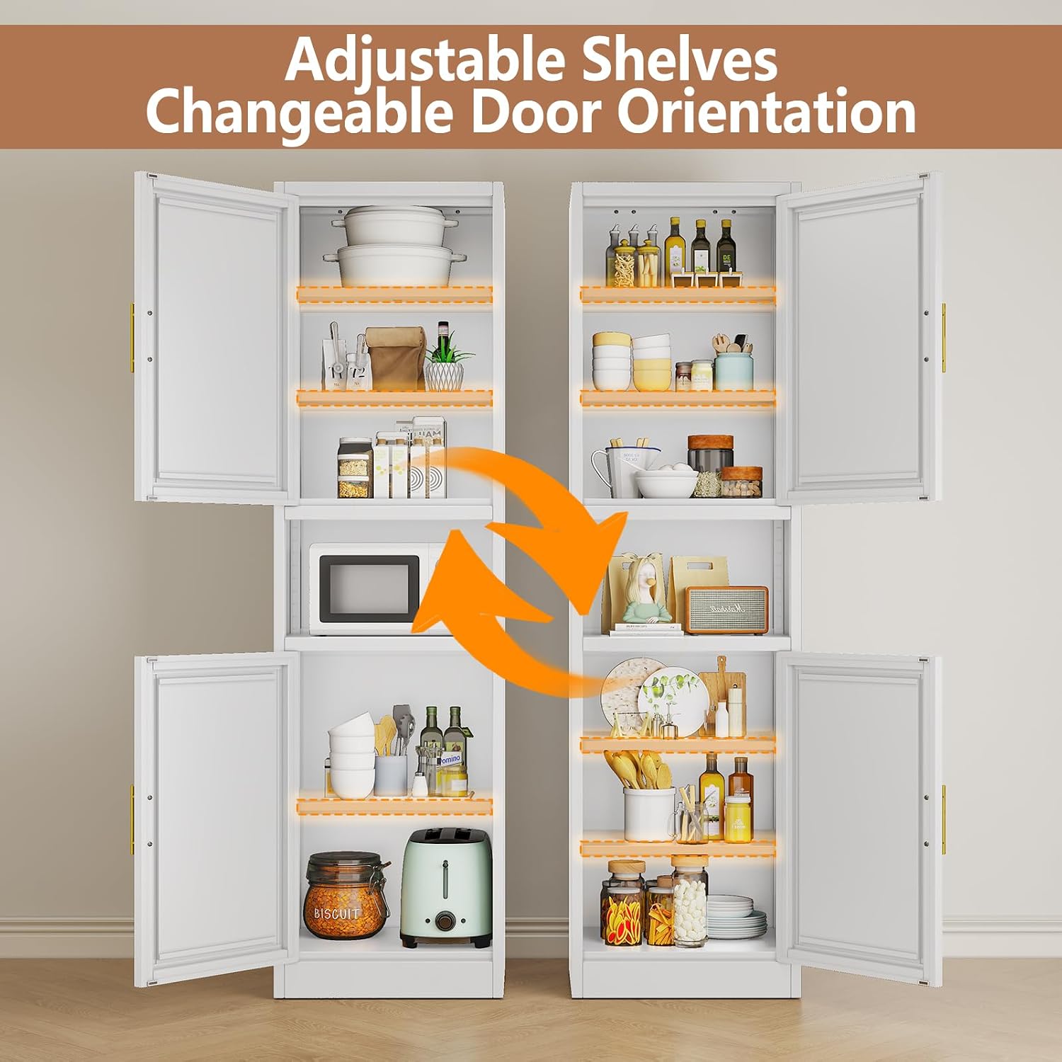 67" Tall Pantry Cabinet, Kitchen Pantry Storage Cabinet with Doors and Shelves, Slim Freestanding Storage Cabinet, Metal Utility Cabinet with Adjustable Shelves, Cord Hole, Reversible Door, White