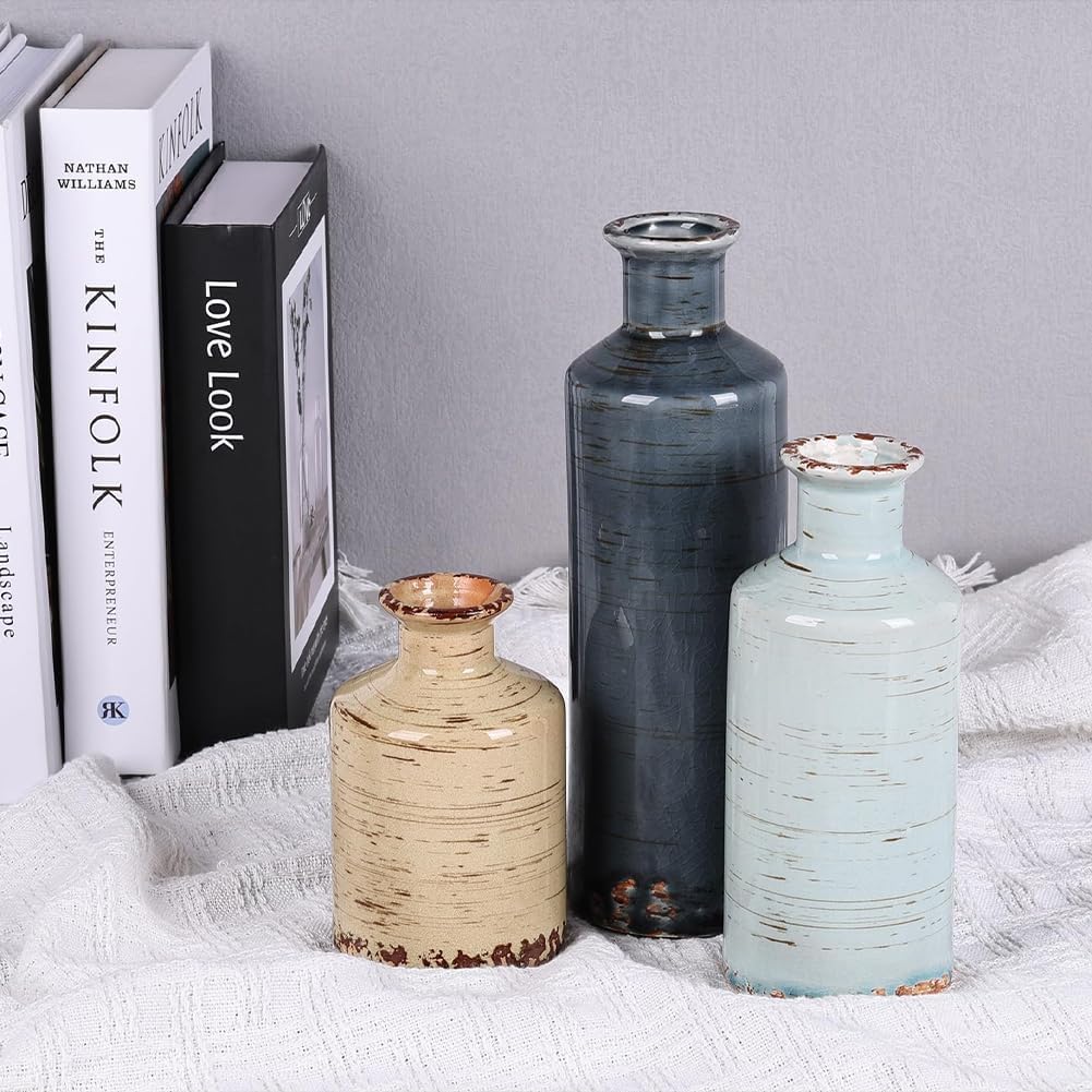 Ceramic Vase Set of 3, Crackle Glaze Decorative Flower Vases for Dried or Fresh Arrangements, Modern Farmhouse Decoration Table Shelf Centerpiece for Living Room, Dining, Fireplace, Entryway