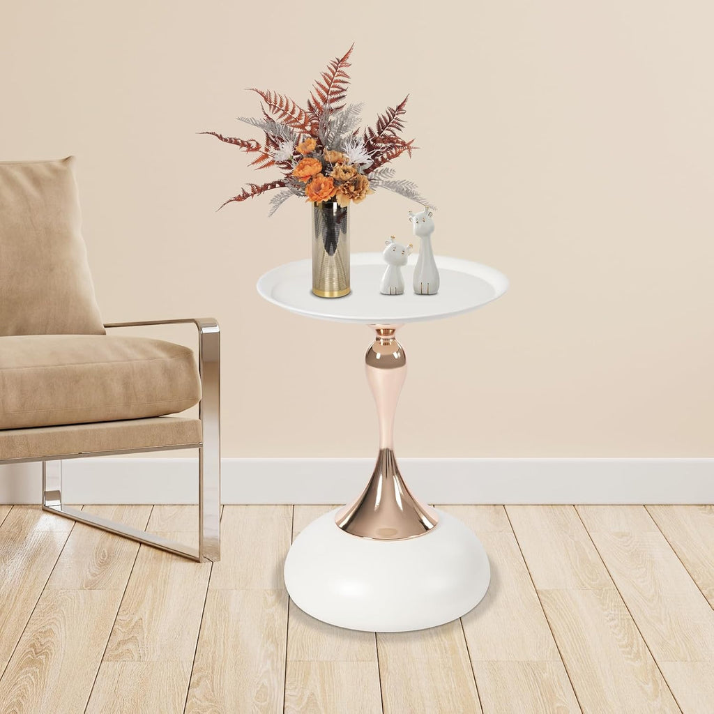 Metal Round End Table,Small Round Side Tables for Small Spaces, Modern Pedestal End Table Living Room, Metal Drink Tables Martini Table, Unique Circle Accent Tables for Sofa, Bedroom (White+Rose Gold)