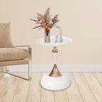 Metal Round End Table,Small Round Side Tables for Small Spaces, Modern Pedestal End Table Living Room, Metal Drink Tables Martini Table, Unique Circle Accent Tables for Sofa, Bedroom (White+Rose Gold)