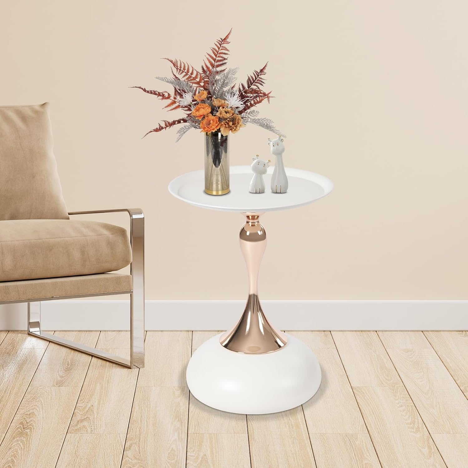 Metal Round End Table,Small Round Side Tables for Small Spaces, Modern Pedestal End Table Living Room, Metal Drink Tables Martini Table, Unique Circle Accent Tables for Sofa, Bedroom (White+Rose Gold)