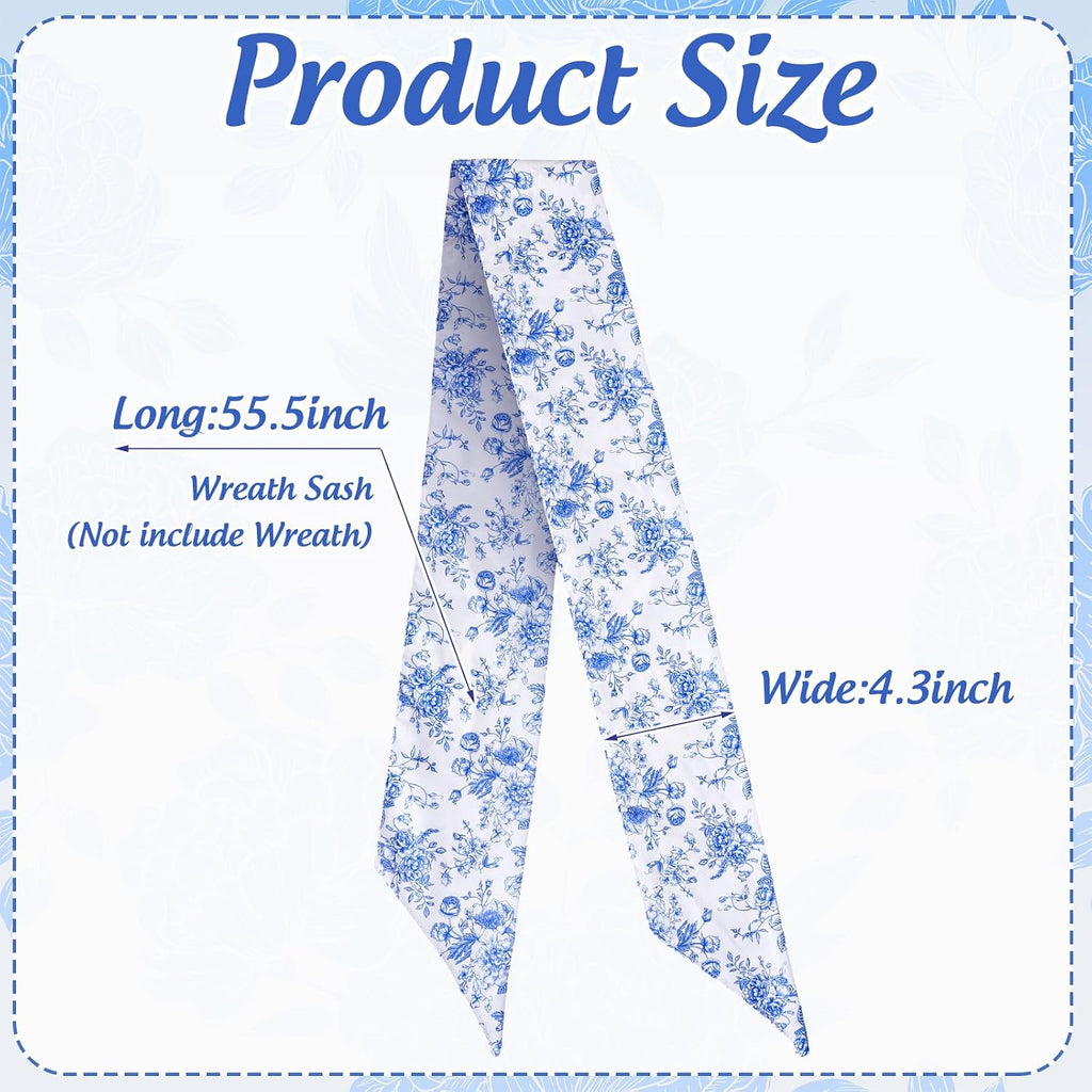 FYSUIMU 2Pcs Blue Flower Wreath Sash for Front Door Chinoiserie Floral Garland Ribbon for Holiday Party Home Decor Indoor Outdoor