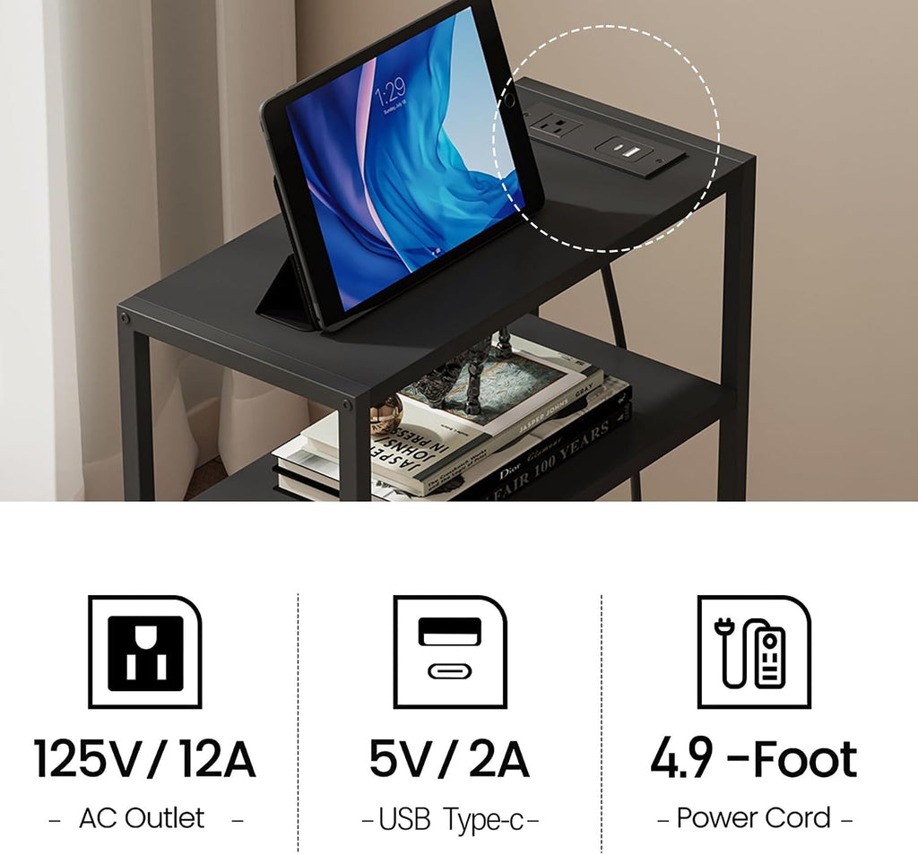 TUTOTAK Keep Phones Charged & Books Organized with Slim 3-Tier Side Table with Charging Station for Living Room Bedroom TB01BK095