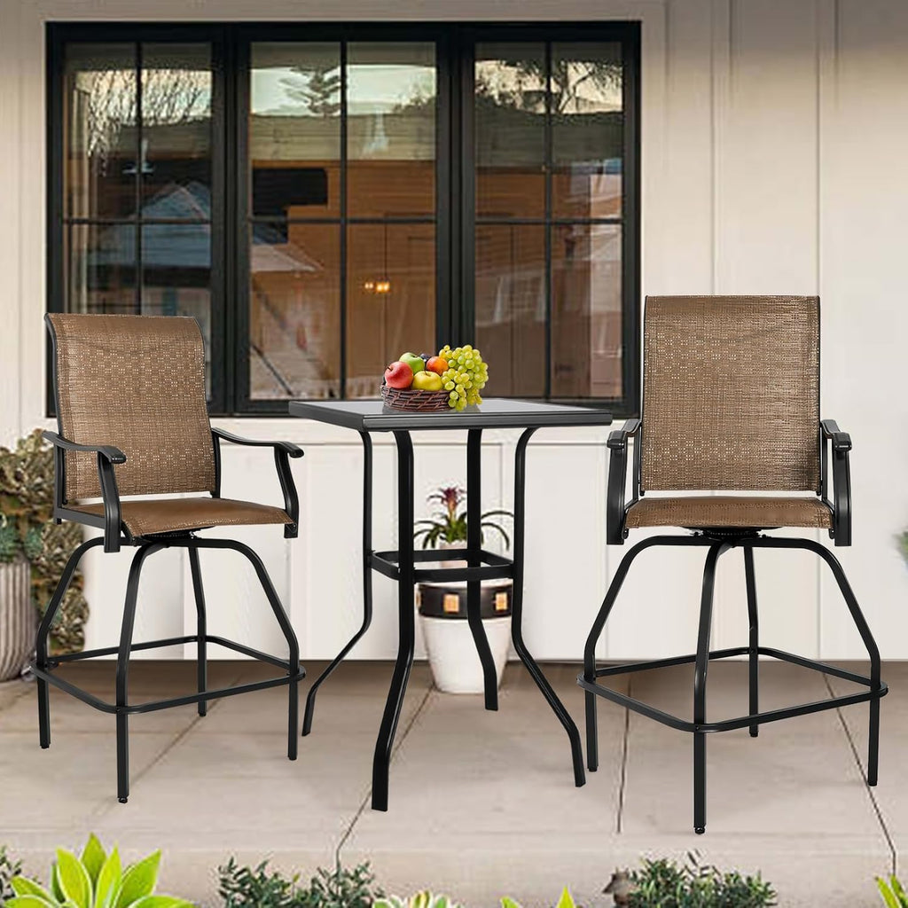 LEVELEVE Patio Bar Set 3pcs Swivel Bar Stools Outdoor Bistro Textilene Furniture Stability All-Weather Set with Height Table (3, Dark Brown Fabric)
