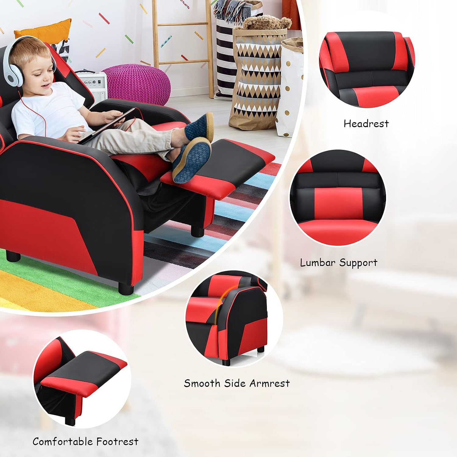 ARLIME Kids Recliner, PU Leather Kid Lounge Chair w/Footrest, Armrest, Headrest & Lumbar Support, Adjustable Gaming Toddler Sofa Armchair for Boys Girls (Red)