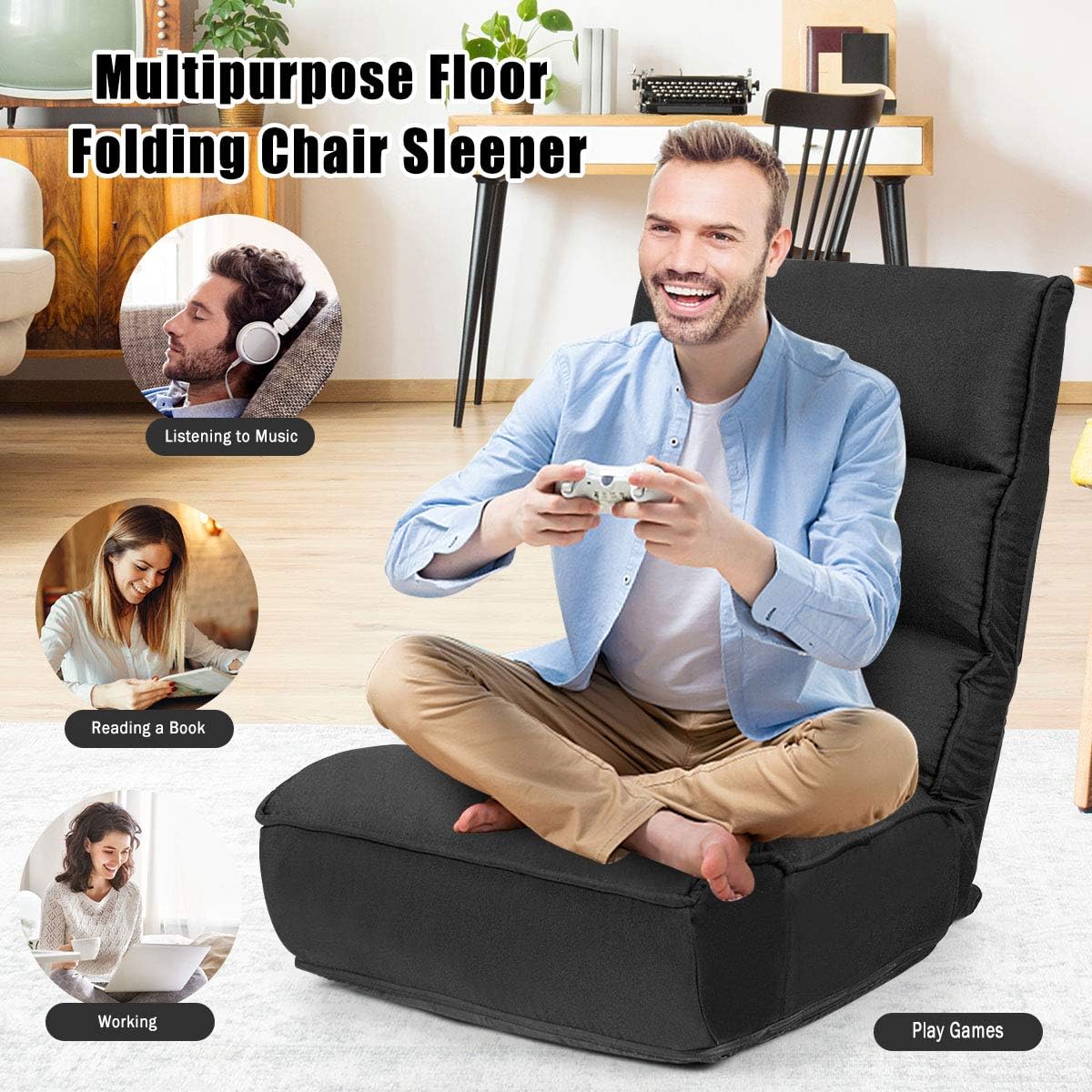 DORTALA Foldable Floor Chair for Adults, Memory Foam Gaming Chair w/ 5-Position Adjustable Head and Back Support, Indoor Seat for Bedroom, Living Room, Gaming Room, Black