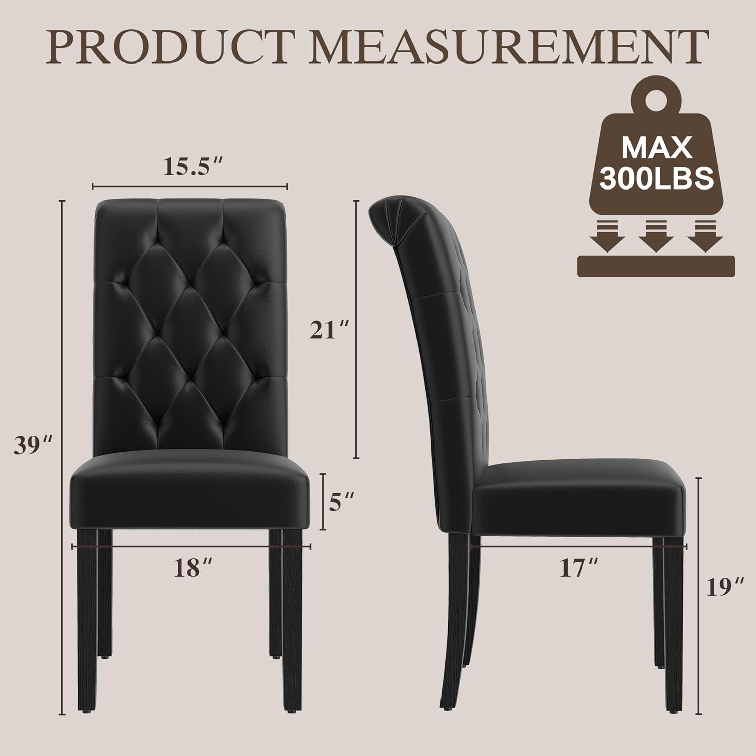 LSSBOUGHT Upholstered Dining Chairs Set of 4,Tufted Parsons Kitchen Chair with Solid Wood Legs, Modern PU Leather Side Chair for Dining Room/Restaurant(4pcs,Black)