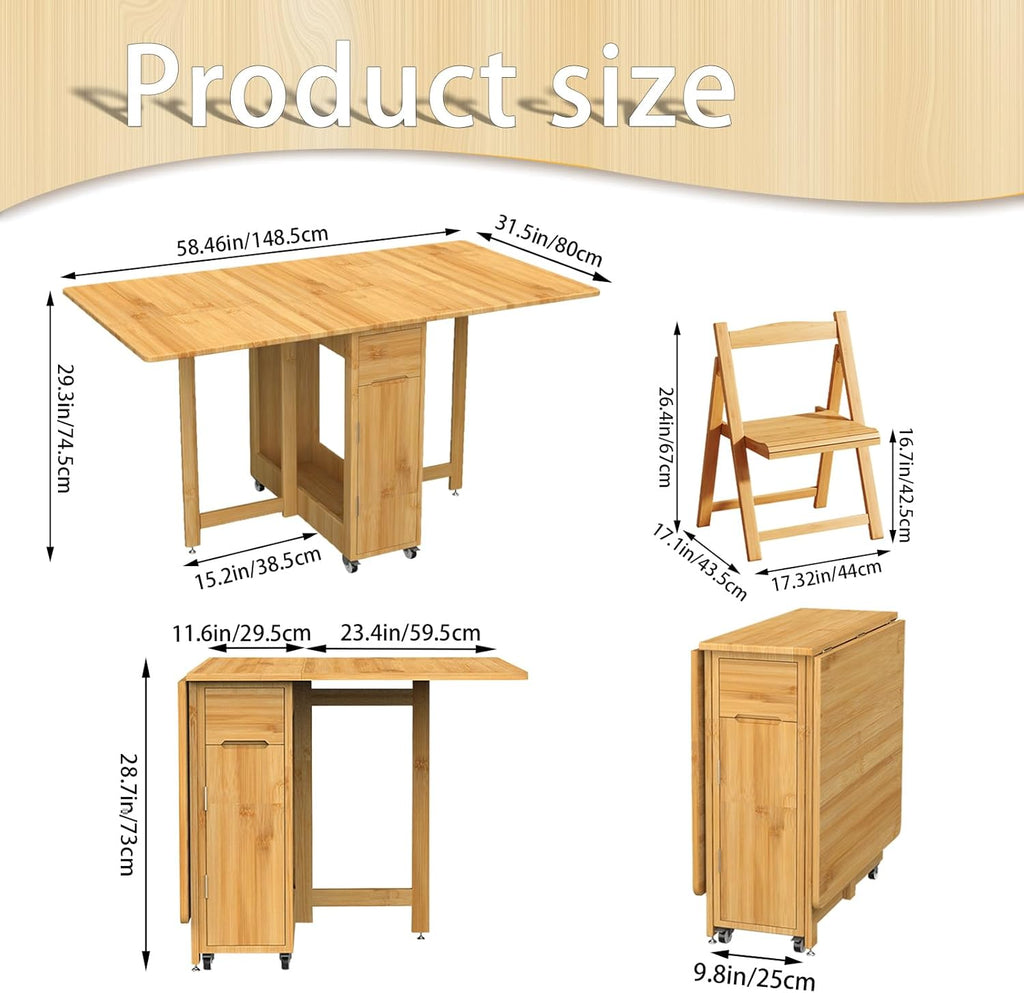 Folding Dining Table Set for 4, Foldable Kitchen Dinning Set with Chairs | Bamboo, Double Drop Leaf Device, Inside of Dinner Table Can Store Fold Chairs, Assembly Free for Compact Apartment - Wood