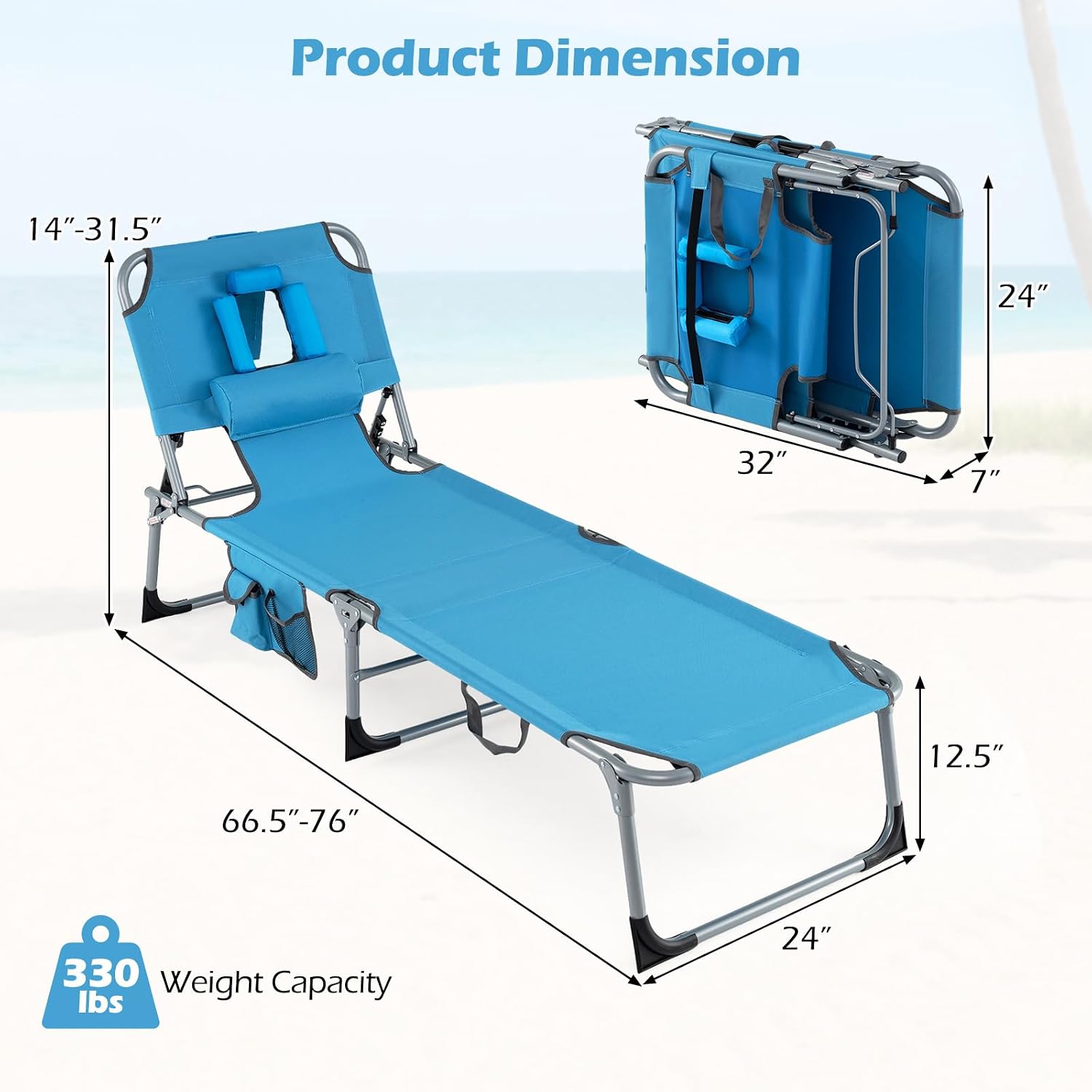 Goplus Tanning Chair, Folding Adjustable Patio Lounge Chair with Face Hole, Removable Pillow, 330LBS, Carry Strap, Outdoor Sunbathing Chair, Lightweight Portable Beach Lounge Chair (1, Navy)