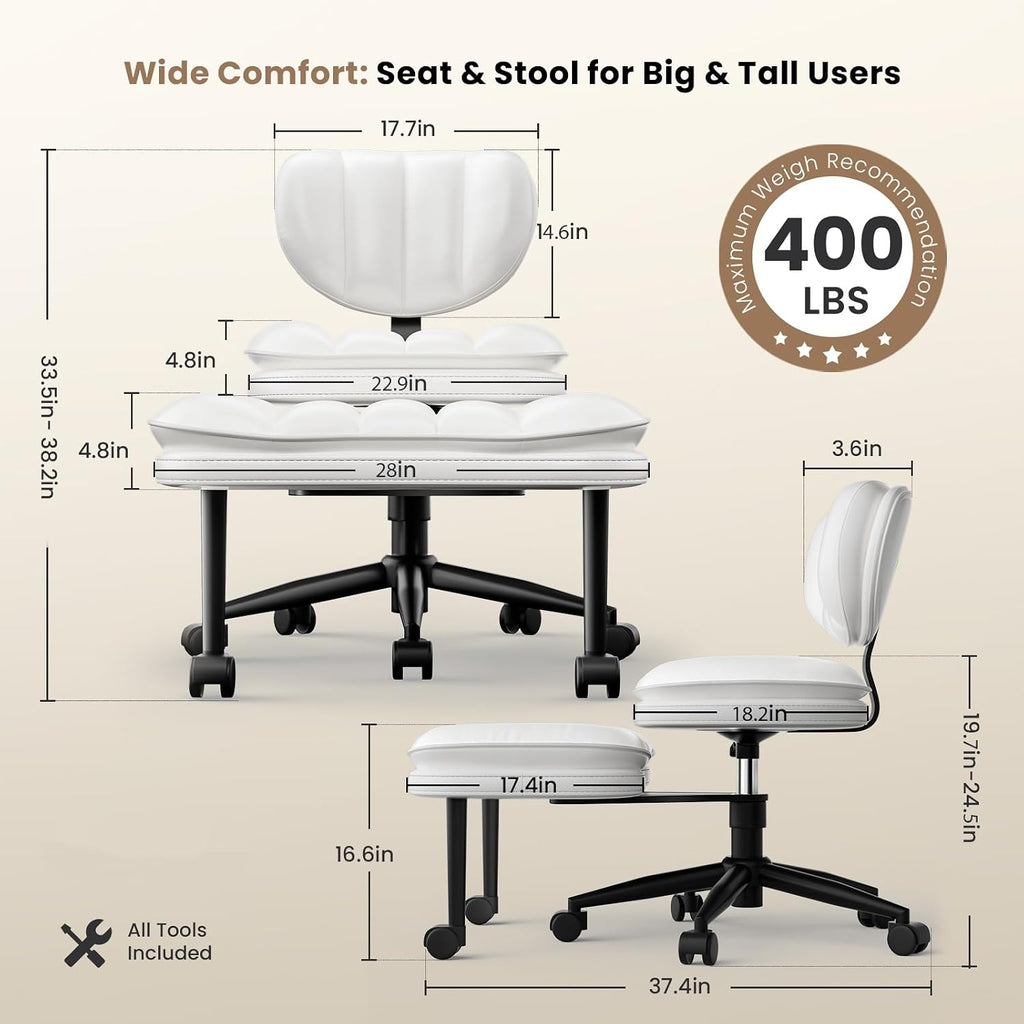 HOMRELEXA Extra-Wide & Tall Cross-Legged Office Chair – Deeply-Padded Cloud Seat, Ergonomic Back Support, Adjustable Height for ADHD & Meditation, White