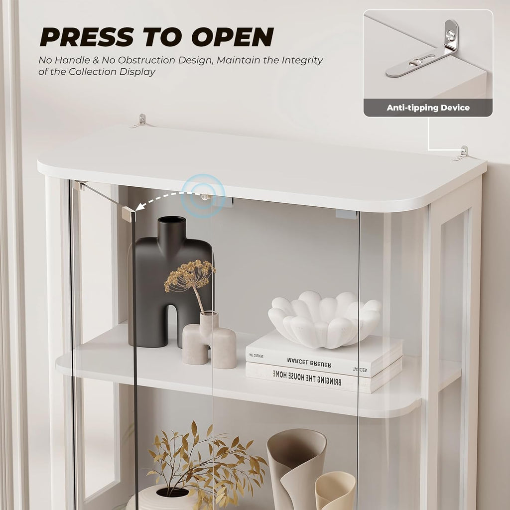 BROTTAR Rounded Display Cabinet with Glass Door, 4-Tier Curio Cabinet with Transparent Full-Display Surface, Glass Display Case with 3 Color Lights for Collectibles, Human Body Sensor, White