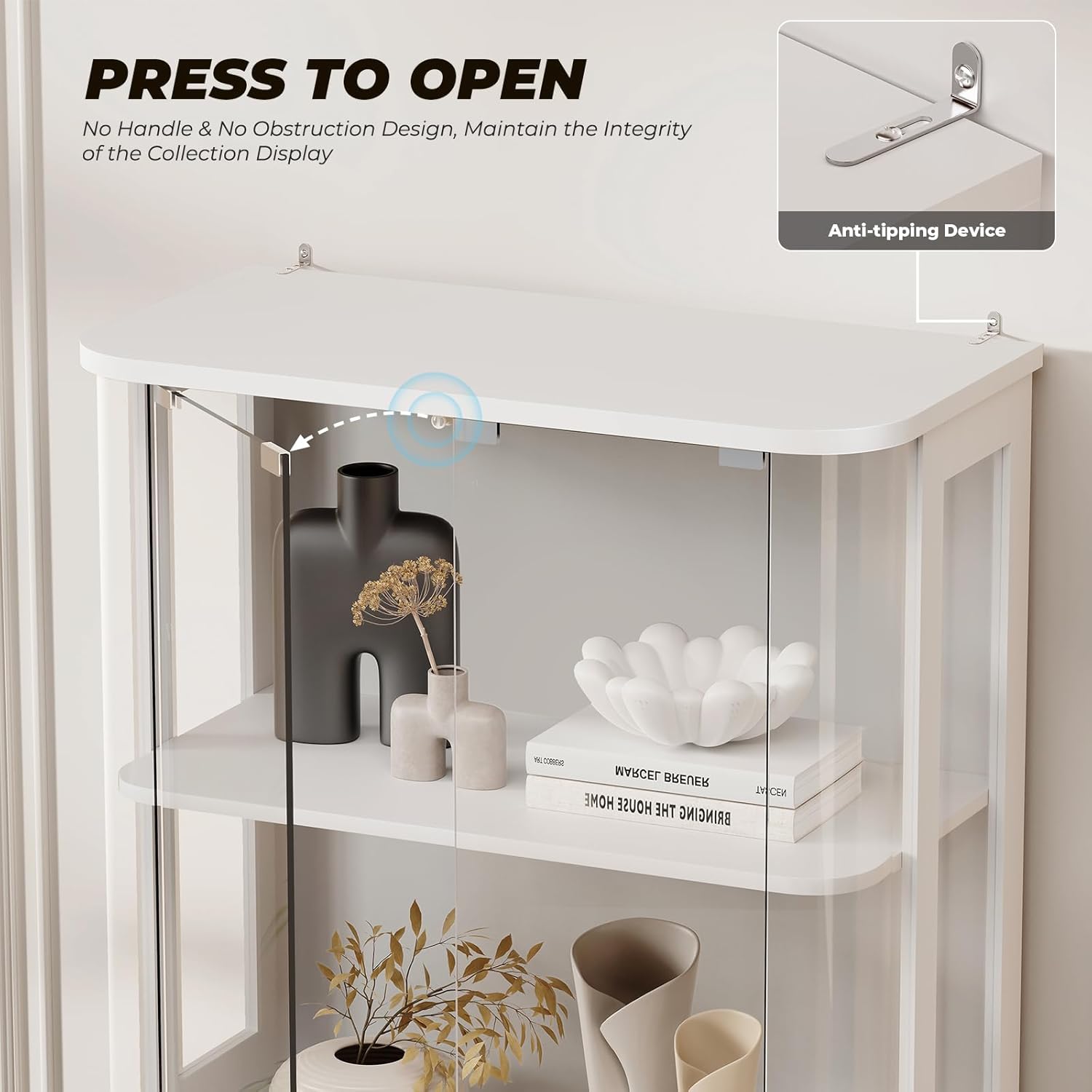 BROTTAR Rounded Display Cabinet with Glass Door, 4-Tier Curio Cabinet with Transparent Full-Display Surface, Glass Display Case with 3 Color Lights for Collectibles, Human Body Sensor, White