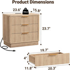 ELYKEN 24" Nightstand with 3 Drawers & Outlet, Fluted End Table Natural Oak | 2 AC Outlets,1 USB Ports, 1 Type C, Charging Station, Fluted Storage Bedside Table, Wood Night Stand, Heavy duty, Bedroom