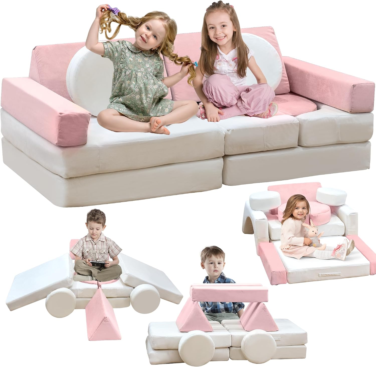 13PCS Modular Kids Play Couch with Washable Velvet Cover, Modular Couch for Boys and Girls, Convertible Foam and Floor Cushion for Nursery Playroom, Pink & Beige