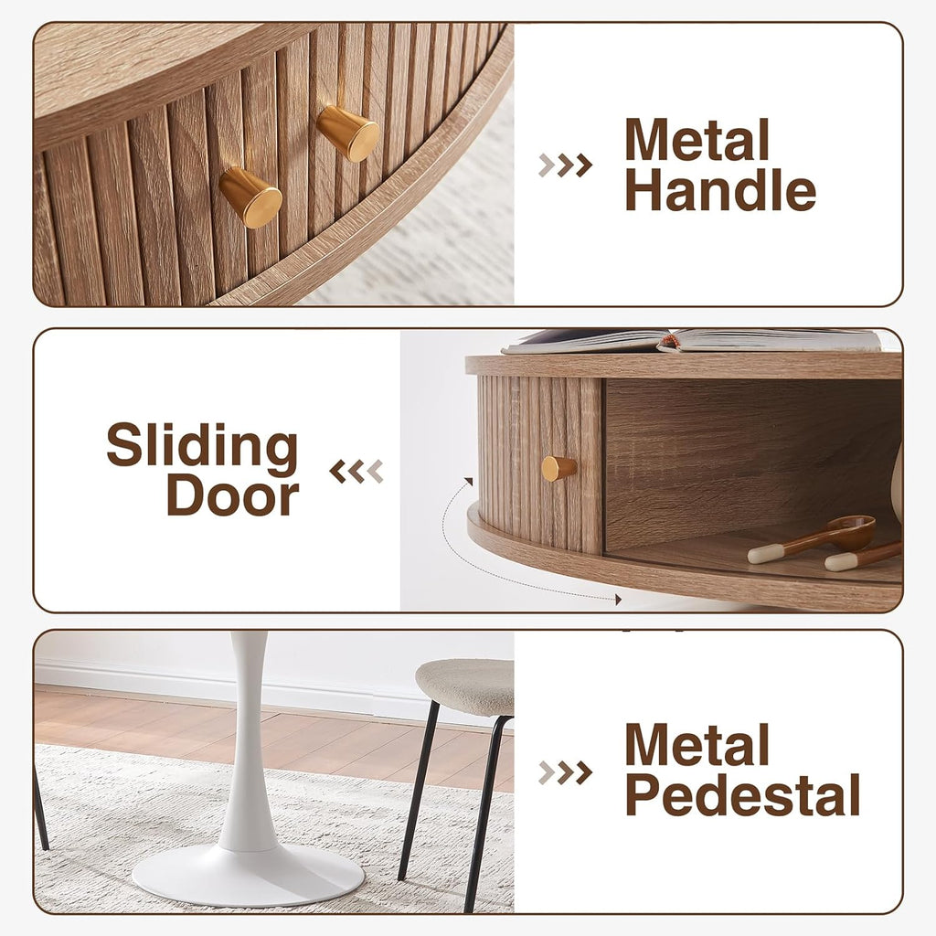 31.5" Round Fluted Pedestal Table for 2-4, Oak Circle Kitchen Dinner Table with Hidden Storage, 31''H Small Tulip Breakfast Desk with Sliding Doors, Metal Base for Kitchen, Cafe, Patio, Courtyard