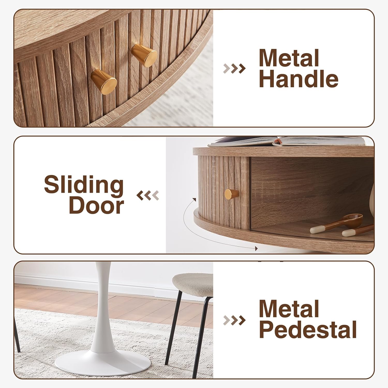 31.5" Round Fluted Pedestal Table for 2-4, Oak Circle Kitchen Dinner Table with Hidden Storage, 31''H Small Tulip Breakfast Desk with Sliding Doors, Metal Base for Kitchen, Cafe, Patio, Courtyard