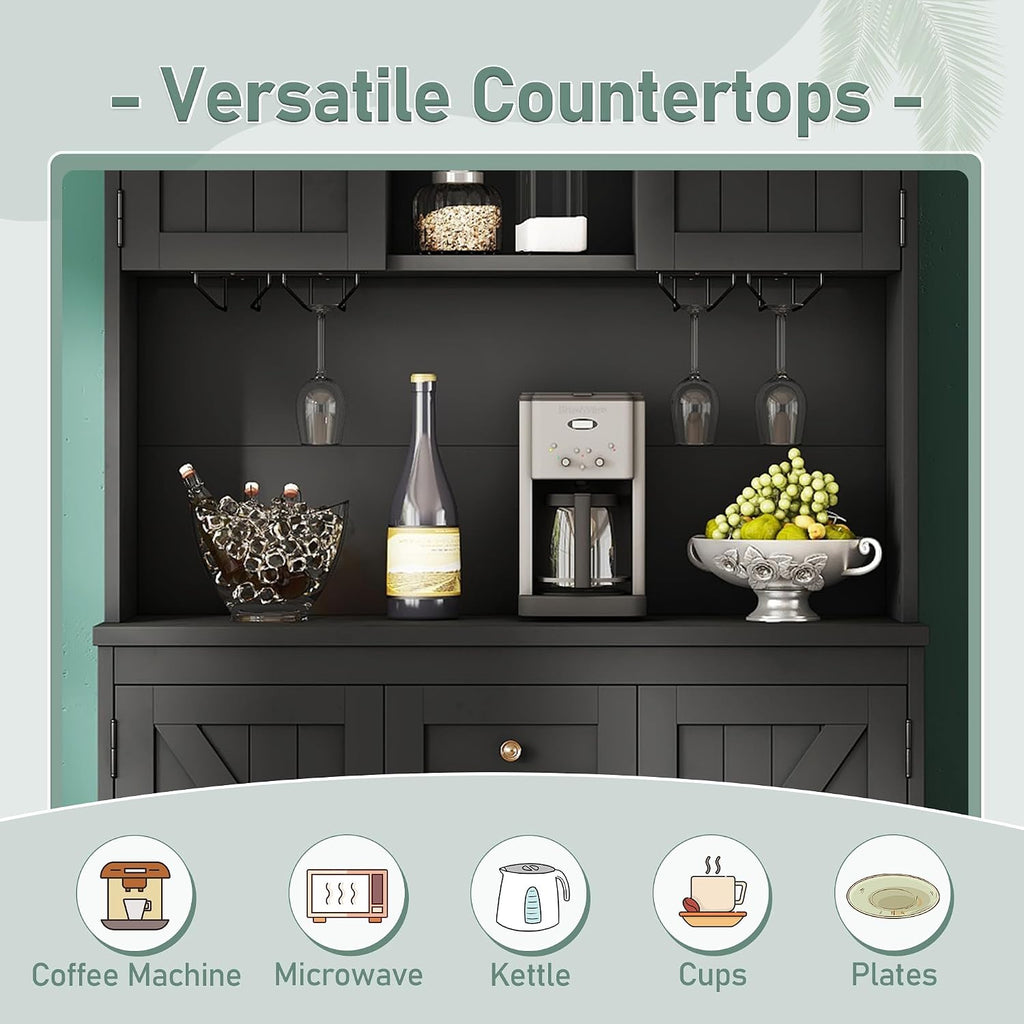 Farmhouse Kitchen Buffet Cabinet with Storage, Black Food Pantry Organizer with Wine Racks, Glass Shelves & Drawers for Dining Room