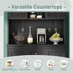 Farmhouse Kitchen Buffet Cabinet with Storage, Black Food Pantry Organizer with Wine Racks, Glass Shelves & Drawers for Dining Room