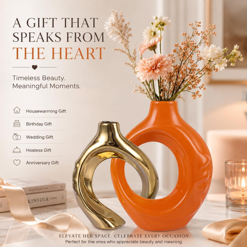 Orange Gold Ceramic Vase Set of 2 for Modern Home Decor,Round Boho Vase for Pampas Grass,Neutral Minimalist Statue for Dining Room Table Centerpiece Dining Room,Wedding Table Decoration