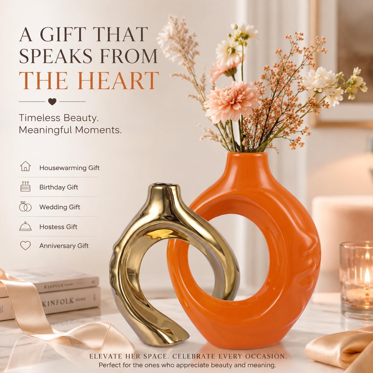 Orange Gold Ceramic Vase Set of 2 for Modern Home Decor,Round Boho Vase for Pampas Grass,Neutral Minimalist Statue for Dining Room Table Centerpiece Dining Room,Wedding Table Decoration